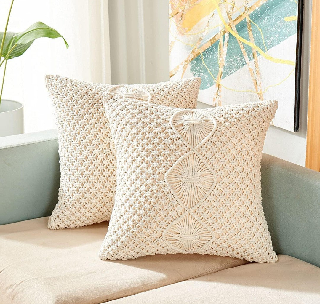Handwoven Macrame Cushion Covers 16x16 Natural White Geometric Floral Medallion Boho Cotton - Pack of 2