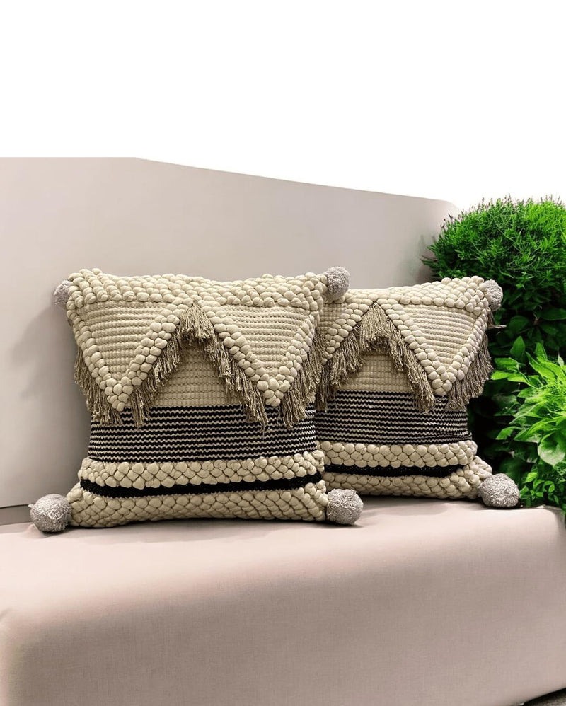 Boho Chic Tufted Cushion Covers 18x18 - Set of 3 Ivory and Black Cotton Slub with Tassels & Stripes