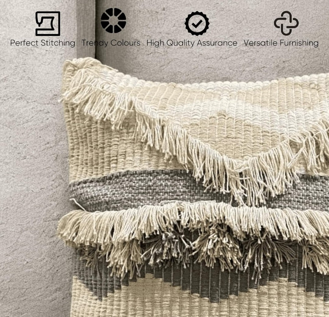 Boho Chic Tufted Cushion Covers 18x18 - Set of 3 Ivory and Black Cotton Slub with Tassels & Stripes