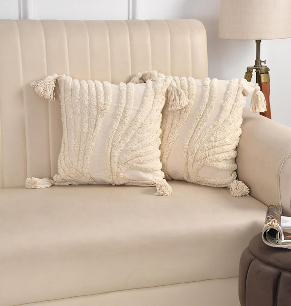 Tufted Cushion Covers 16x16 - Pack of 3 Tinted Tides Off-White Cotton Moroccan Stripes with Corner Tassels
