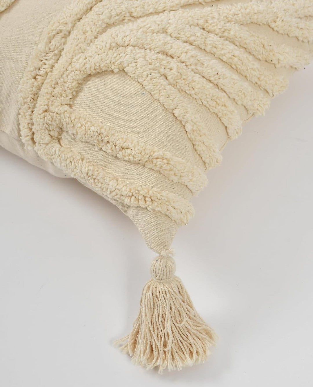 Tufted Cushion Covers 16x16 - Pack of 3 Tinted Tides Off-White Cotton Moroccan Stripes with Corner Tassels