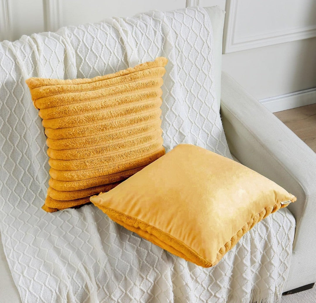 AEROHAVEN Faux Rabbit Fur Striped Throw Pillow Covers Brown Velvet Cushion Covers 16x16 Inch (2pcs)