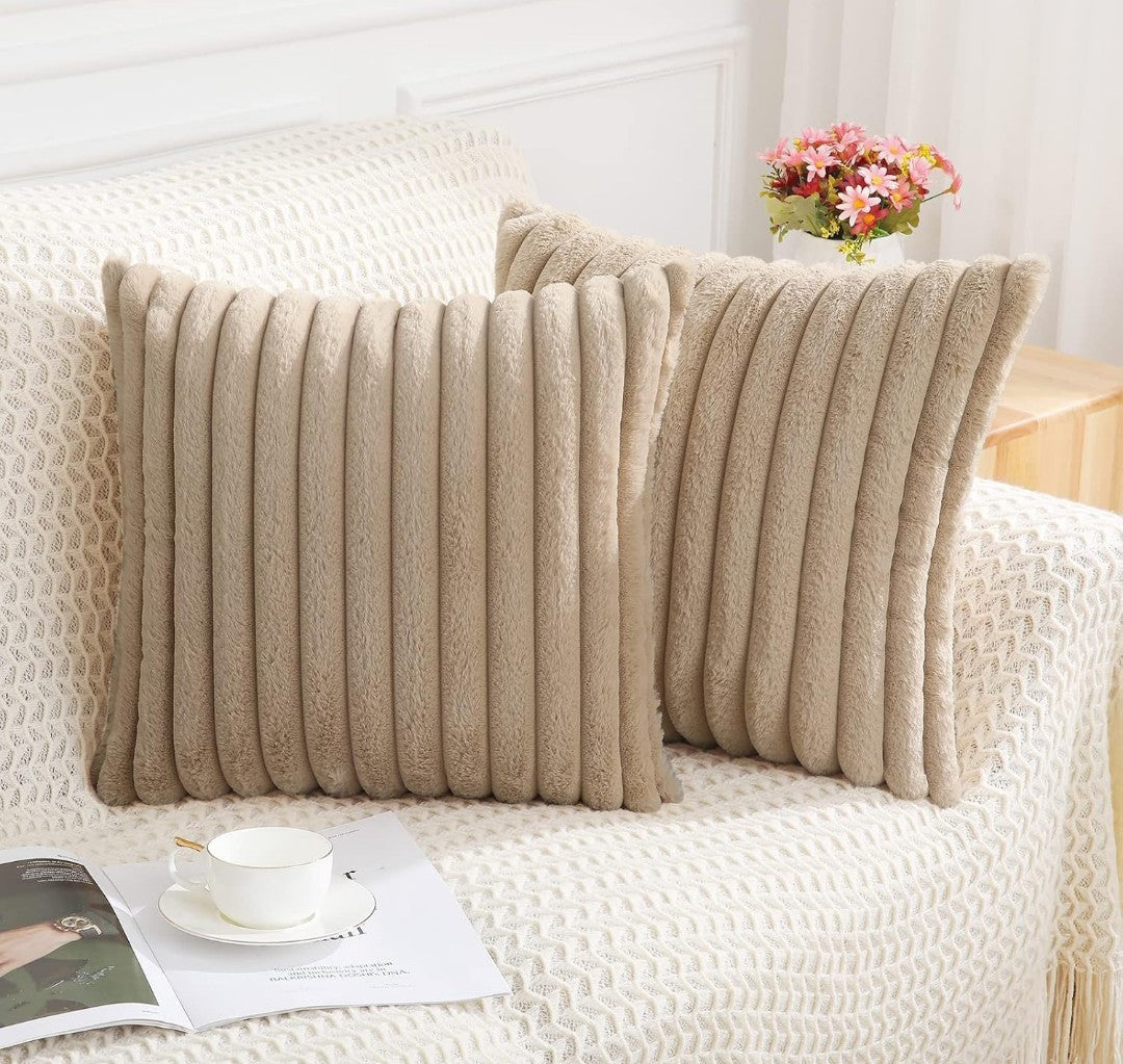 AEROHAVEN Faux Rabbit Fur Striped Throw Pillow Covers Brown Velvet Cushion Covers 16x16 Inch (2pcs)