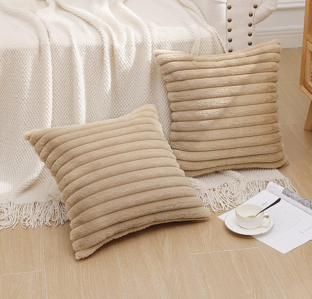 AEROHAVEN Faux Rabbit Fur Striped Throw Pillow Covers Brown Velvet Cushion Covers 16x16 Inch (2pcs)