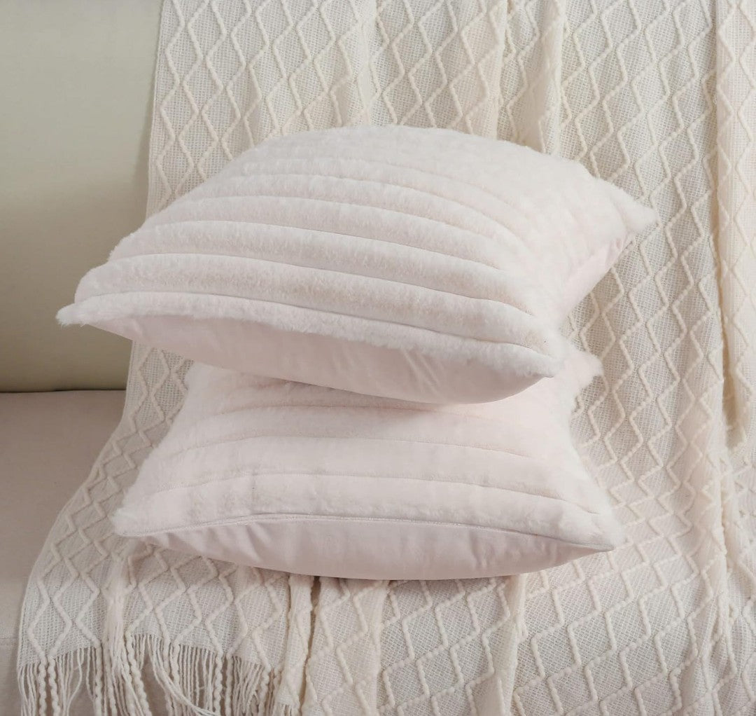 AEROHAVEN Faux Rabbit Fur Striped Throw Pillow Covers Brown Velvet Cushion Covers 16x16 Inch (2pcs)
