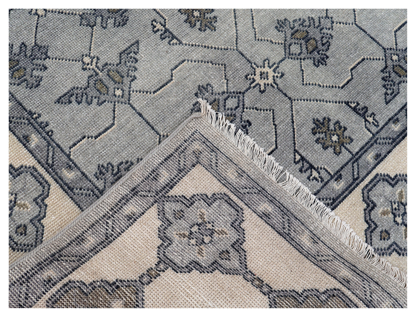 Steel Blue Grey Ivory Charcoal Geometric Trellis Lattice Hand Knotted Wool Viscose 8x10 Bhadohi Area Rug