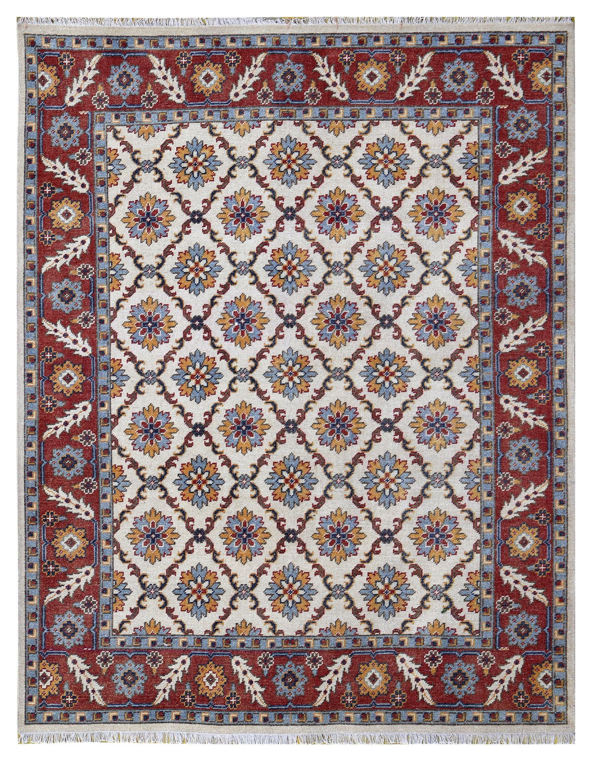 Ivory Rust Gold Kazak Geometric Star Rosette Trellis Wool Hand Knotted Traditional 8x10 Area Rug