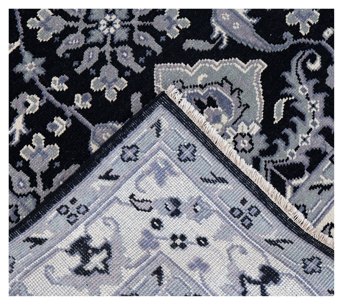 Black Grey Ivory Toushak Floral Arabesque Wool Hand Knotted Traditional 8x10 Area Rug