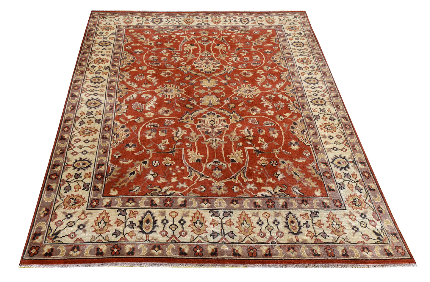 Rust Red Ivory Gold Toushak Floral Vine Wool Hand Knotted Vintage 8x10 Area Rug