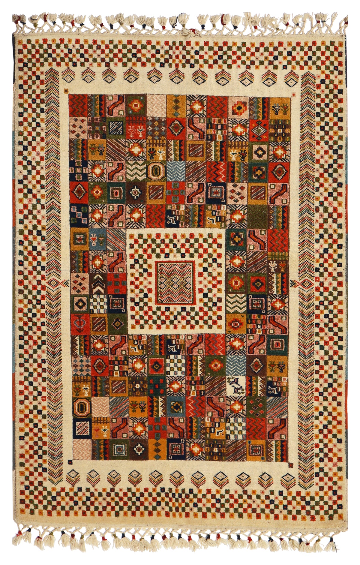 Ivory Cream Gabbeh Patchwork Panel Multicolour Folk Art Hand Knotted Wool Area Rug