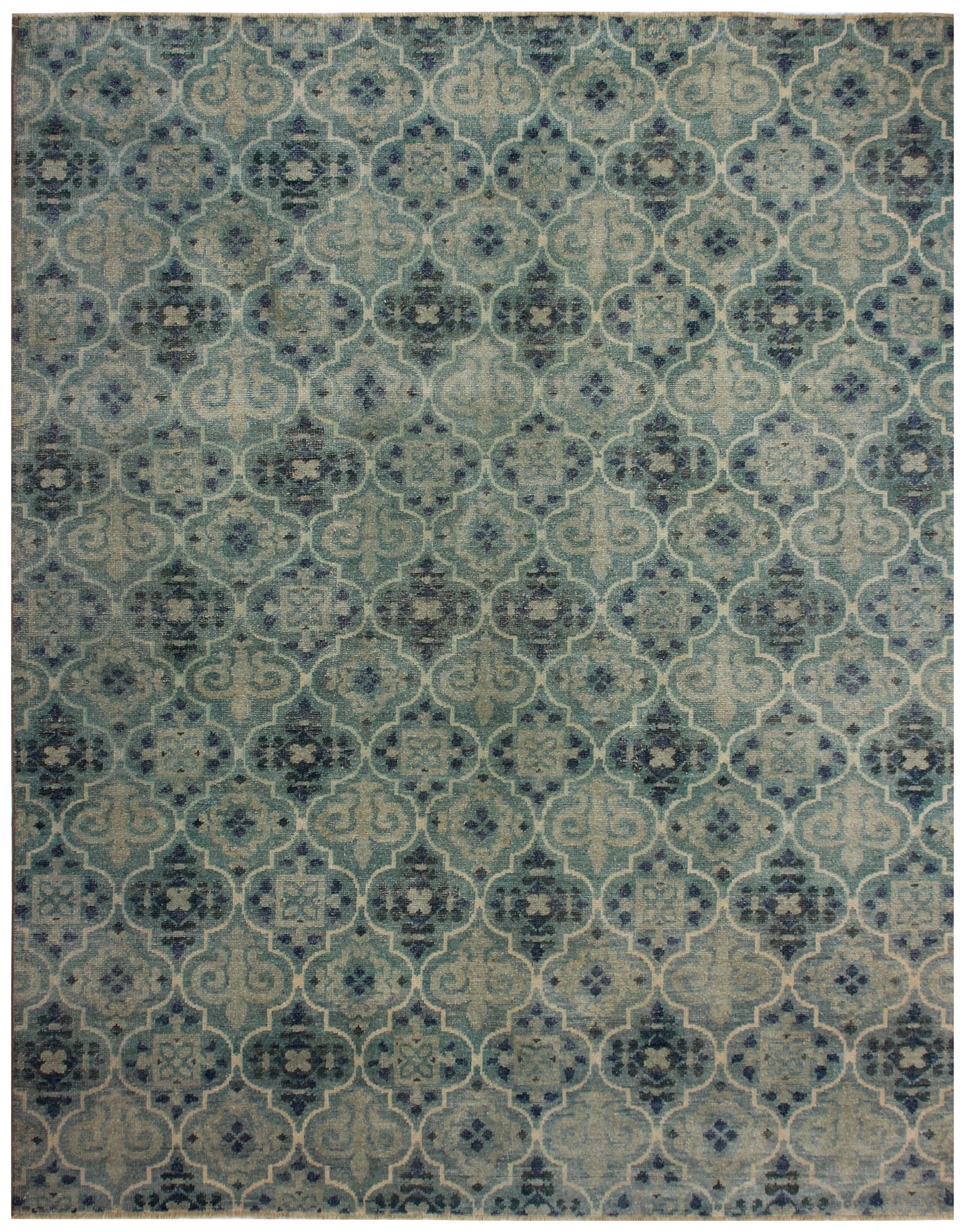 Blue Ivory Moroccan Trellis Hand Knotted 8x10 Wool Area Rug