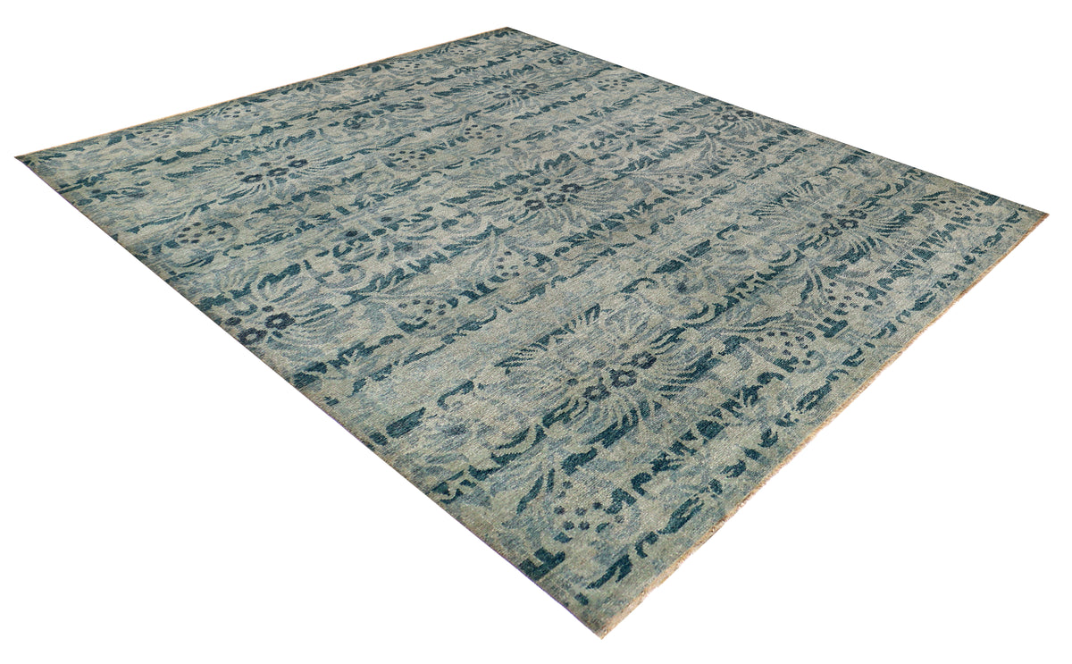 Vintage Teal Beige Traditional Floral Antique Wool Viscose Hand Knotted 8x10 Area Rug