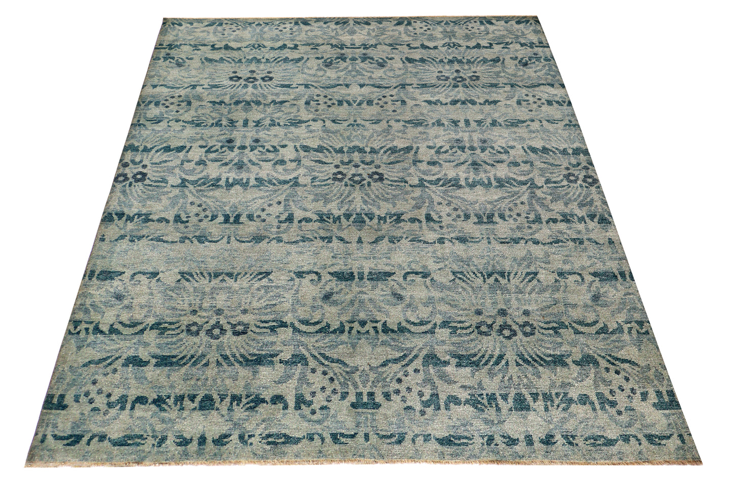 Vintage Teal Beige Traditional Floral Antique Wool Viscose Hand Knotted 8x10 Area Rug