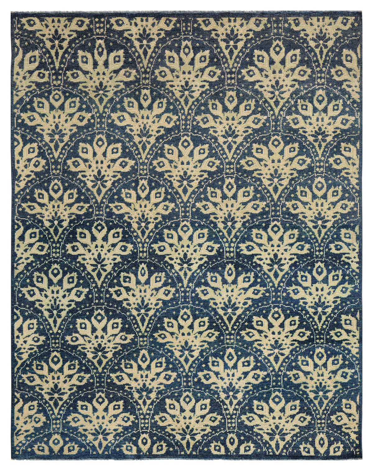Dark Teal Beige Floral Arabesque Wool Viscose Hand Knotted 8x10 Area Rug