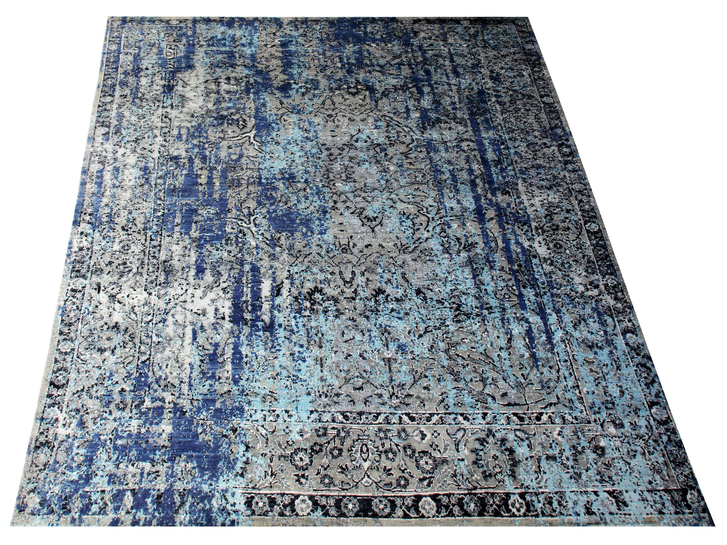 Blue Grey Silver 8x10 Hand Knotted Wool Viscose Area Rug - Vintage Antique Abstract