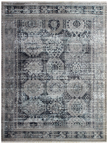 Vintage Distressed Medallion Rug 7.6x9.6 - Grey Charcoal Hand Knotted 45 KPSI Bhadohi Rugs