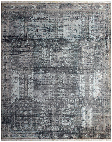 Artisan Hand Knotted Rug 7.6x9.6 - Grey Charcoal Teal Vintage Tribal 45 KPSI Bhadohi Rugs