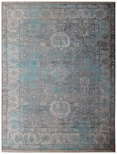 Luxury Hand Knotted Rug 7.6x9.6 - Grey Teal Beige Vintage Medallion 45 KPSI Bhadohi Rugs