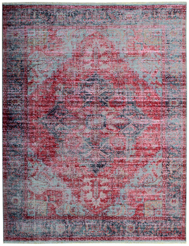 Timeless Hand Knotted Rug 7.6x9.6 - Red Pink Teal Vintage Medallion 45 KPSI Bhadohi Rugs