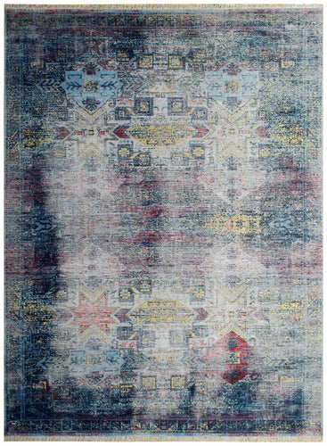 Sophisticated Hand Knotted Rug 8x10 - Blue Teal Pink Vintage Geometric 45 KPSI Bhadohi Rugs