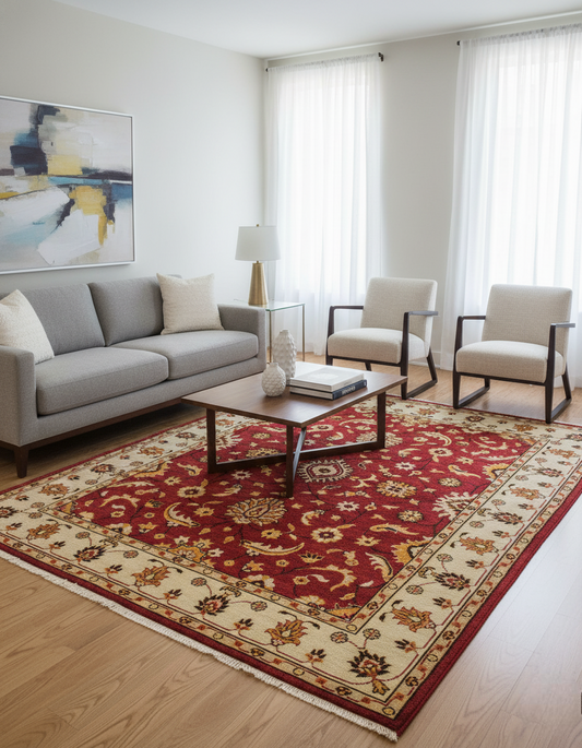 Traditional Persian hand knotted red and ivory 8x10 wool area rug in modern living room