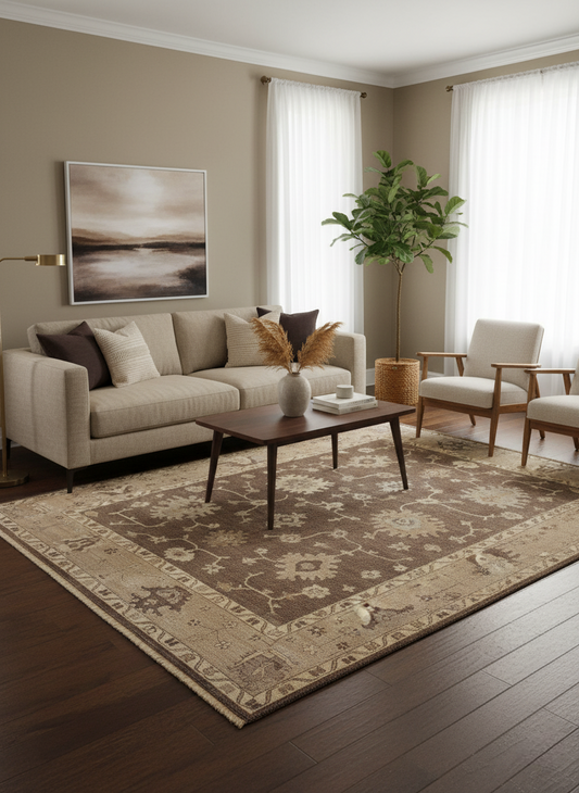 Oriental Oushak hand knotted brown beige 8x10 wool area rug with vintage antique look in modern living room