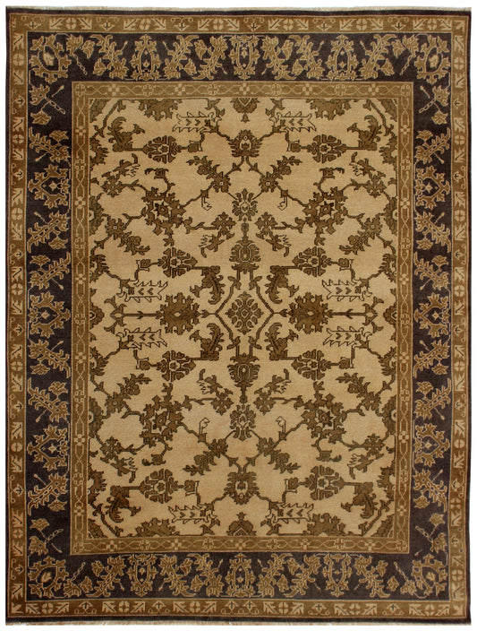 Antique style vintage Oushak hand knotted 8x10 wool area rug in beige and brown with all-over floral pattern