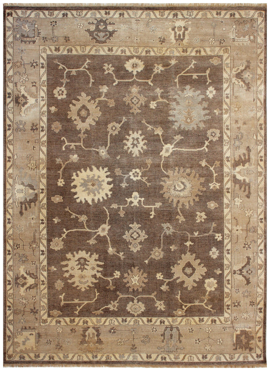 Oriental Oushak hand knotted 8x10 wool area rug in brown and beige with vintage style all-over floral pattern