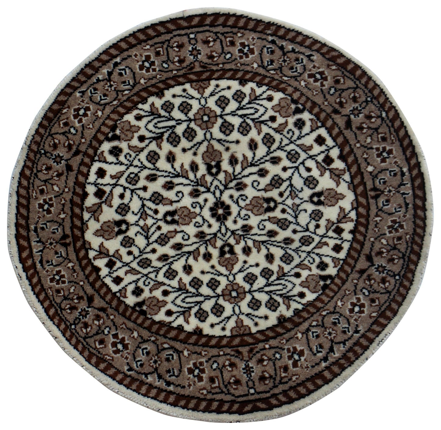 Traditional Floral Round Wool Rug – 3x3 & 5x5 Ivory, Brown, Tan Fine Hand-Knotted Carpet.