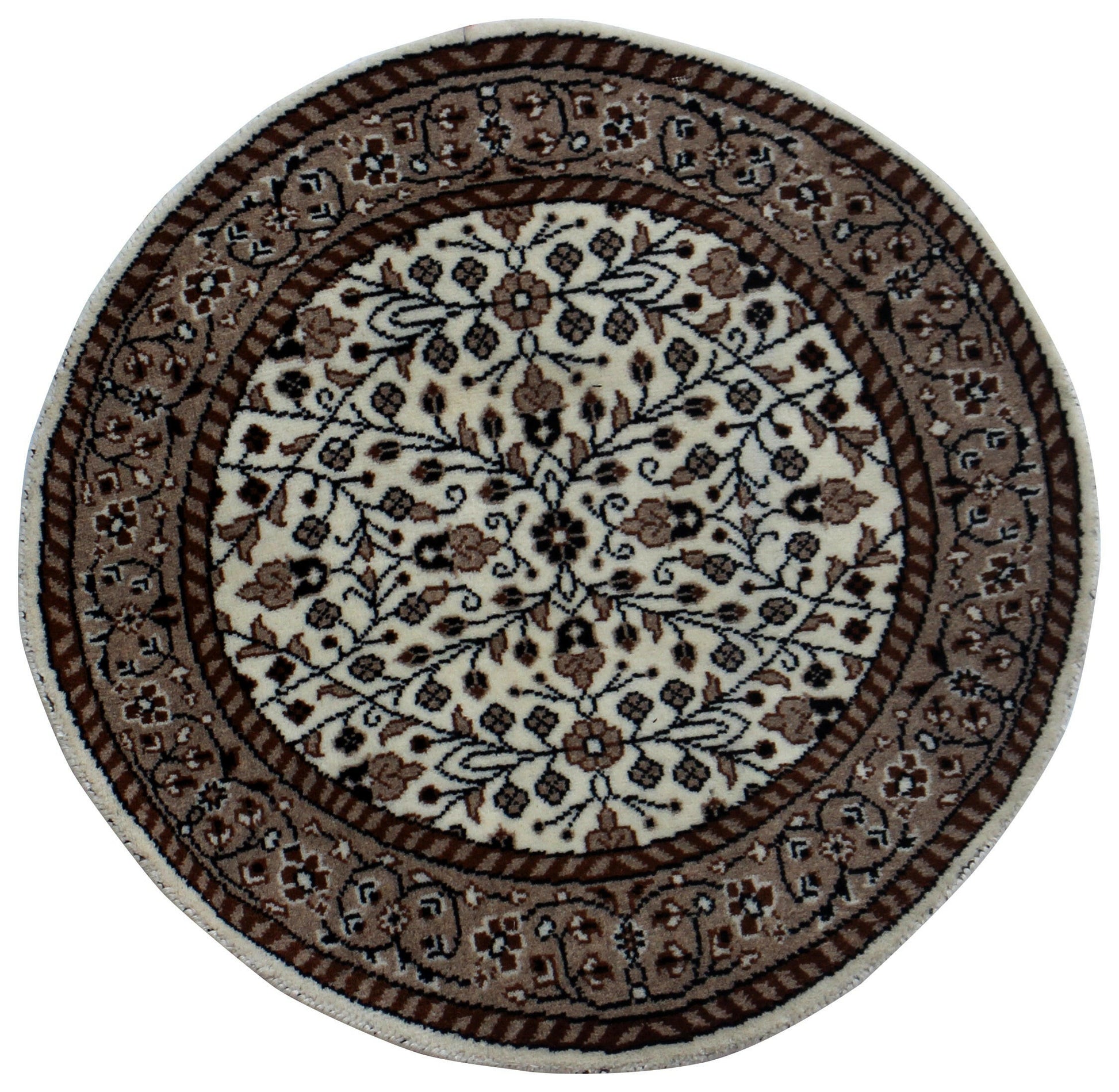 Traditional Floral Round Wool Rug – 3x3 & 5x5 Ivory, Brown, Tan Fine Hand-Knotted Carpet.