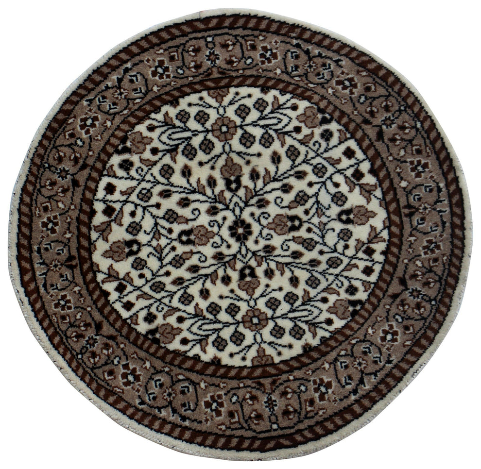 Round Hand Knotted Traditional Rug - Ivory Brown 58 KPSI 3x3 5x5 ...