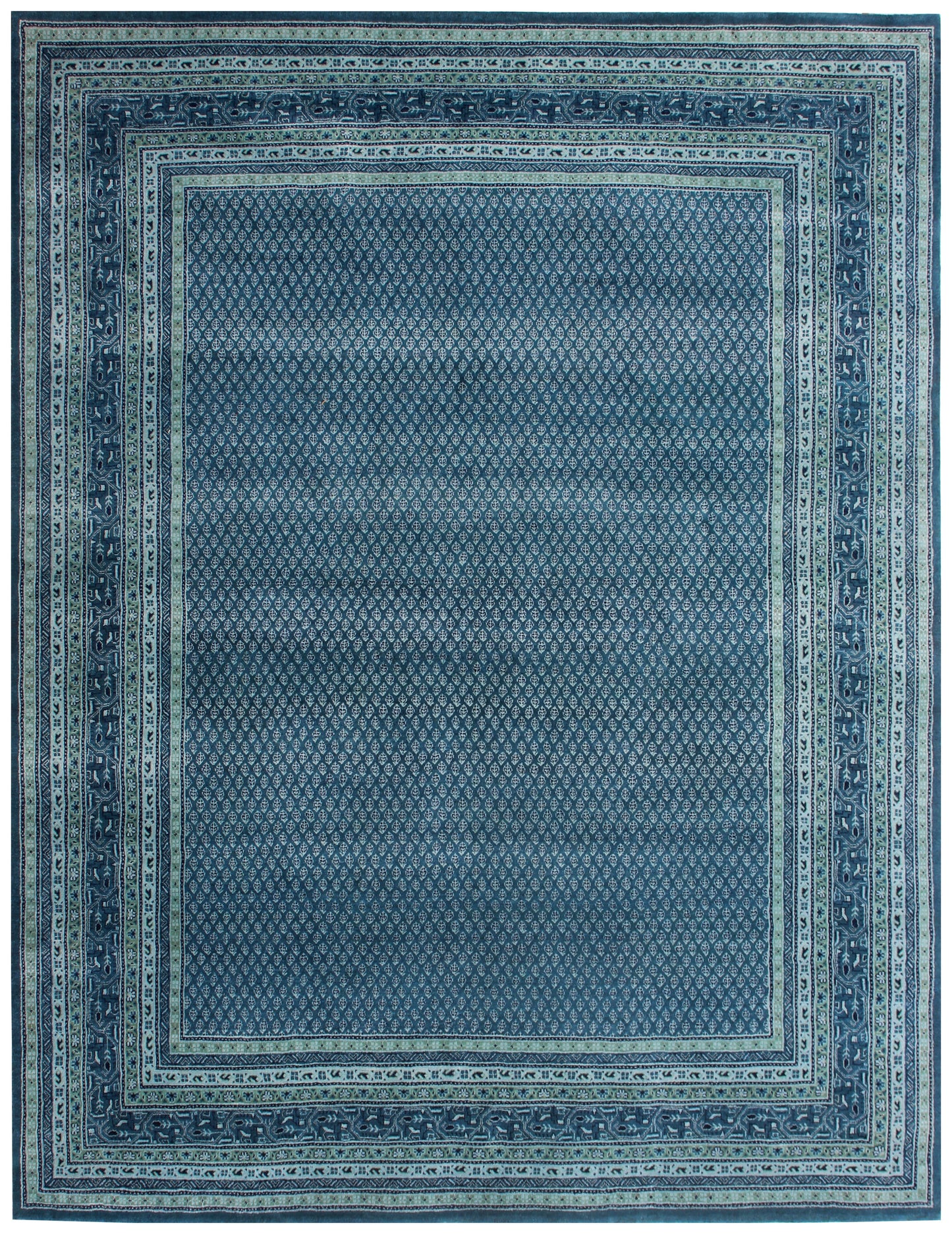 Fine Hand-Knotted Blue, Ivory & Green Modern Geometric Wool Area Rug – Available in 7x10 and 8x10 Sizes.
