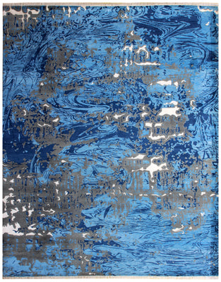 8x10 Modern Abstract Distressed Blue Navy Grey Hand Knotted Wool Viscose 85 KPSI Area Rug