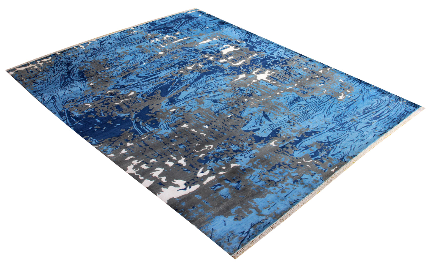 8x10 Modern Abstract Distressed Blue Navy Grey Hand Knotted Wool Viscose 85 KPSI Area Rug