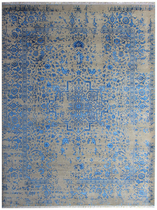 Luxury Wool Viscose Hand Knotted – Camel Beige Blue Floral Medallion Distressed 85 KPSI 8x10 Area Rug