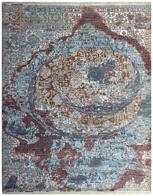 Grey Brown Red Swirl Medallion Distressed Hand Knotted Wool Viscose 85 KPSI 8x10 Area Rug