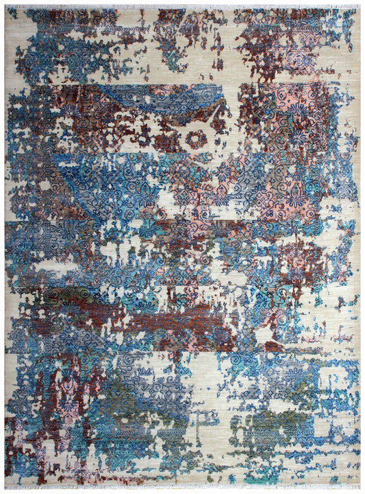 Ivory Blue Teal Pink Floral Modern Abstract Distressed Hand Knotted Wool Viscose 85 KPSI 8x10 Area Rug
