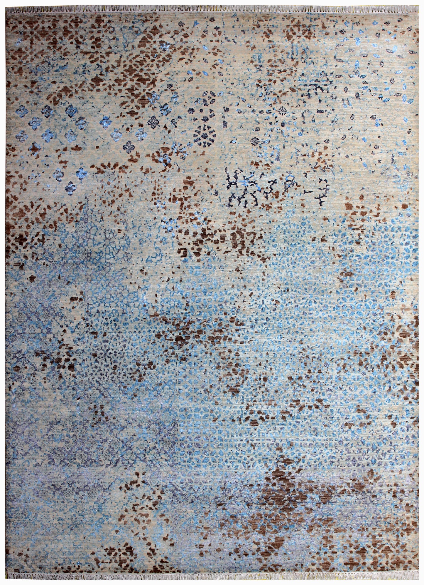 Beige Blue Brown Floral Modern Abstract Distressed Hand Knotted Wool Viscose 85 KPSI 8x10 Area Rug
