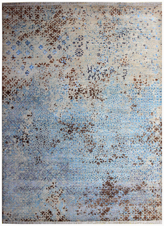 Beige Blue Brown Floral Modern Abstract Distressed Hand Knotted Wool Viscose 85 KPSI 8x10 Area Rug
