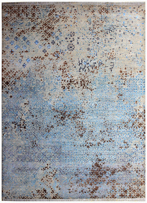 Beige Blue Brown Floral Modern Abstract Distressed Hand Knotted Wool Viscose 85 KPSI 8x10 Area Rug