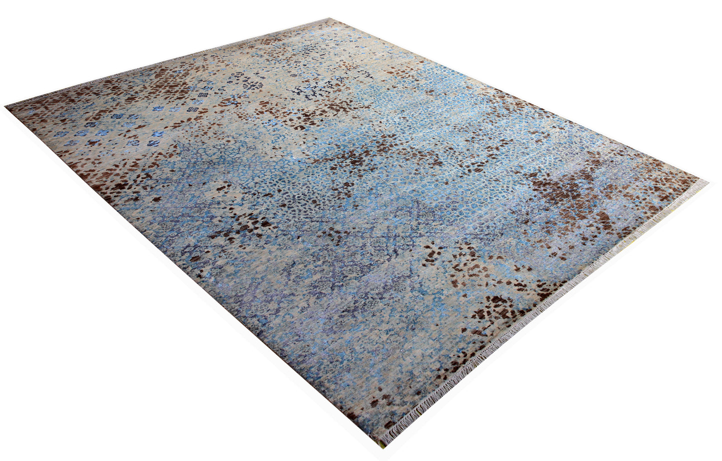 Beige Blue Brown Floral Modern Abstract Distressed Hand Knotted Wool Viscose 85 KPSI 8x10 Area Rug