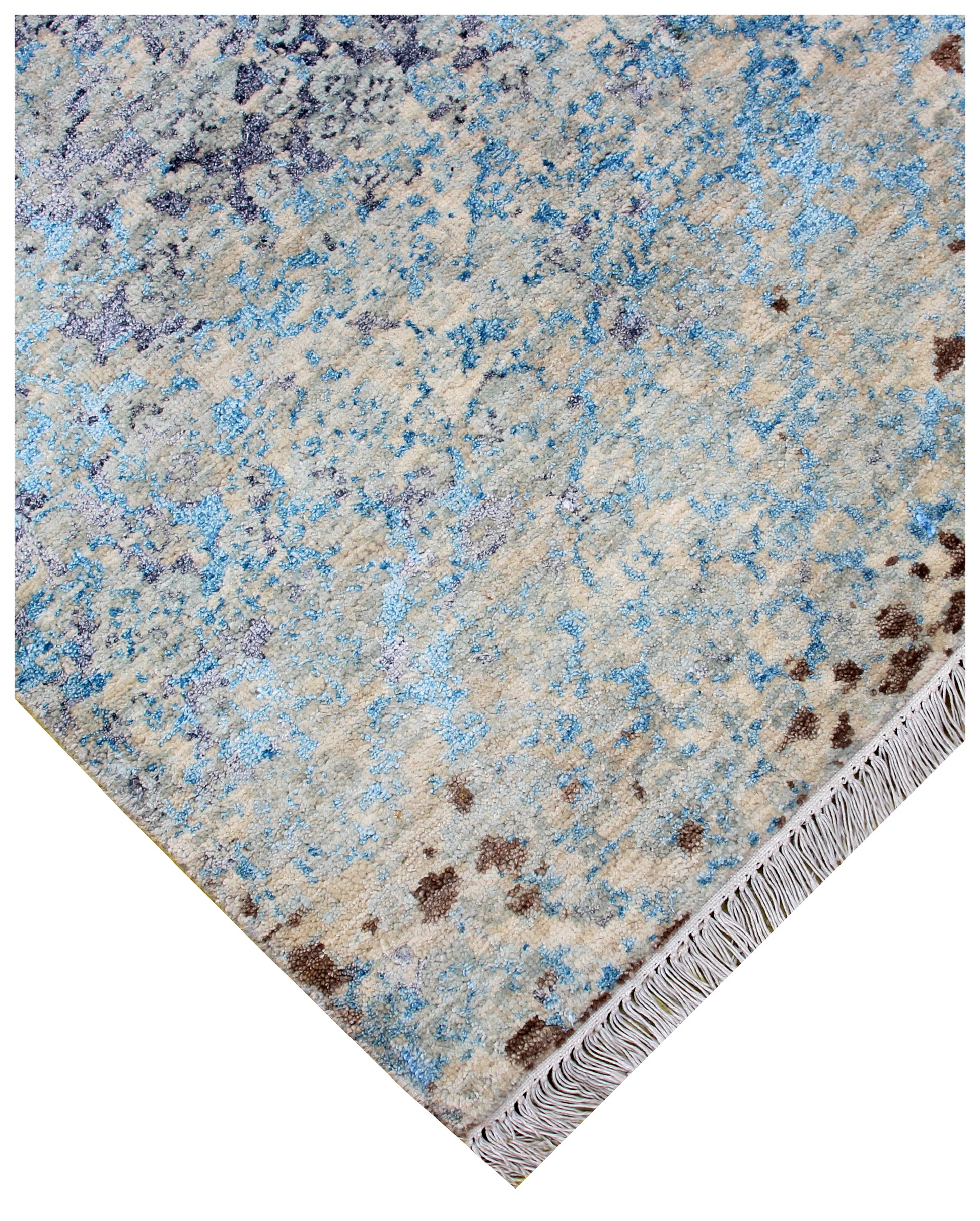 Beige Blue Brown Floral Modern Abstract Distressed Hand Knotted Wool Viscose 85 KPSI 8x10 Area Rug