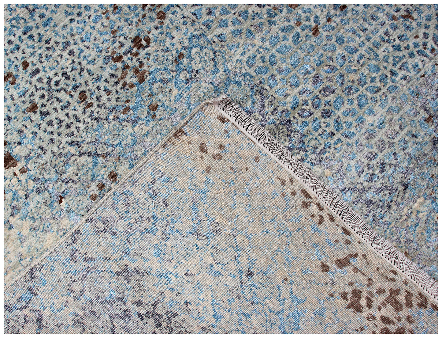 Beige Blue Brown Floral Modern Abstract Distressed Hand Knotted Wool Viscose 85 KPSI 8x10 Area Rug