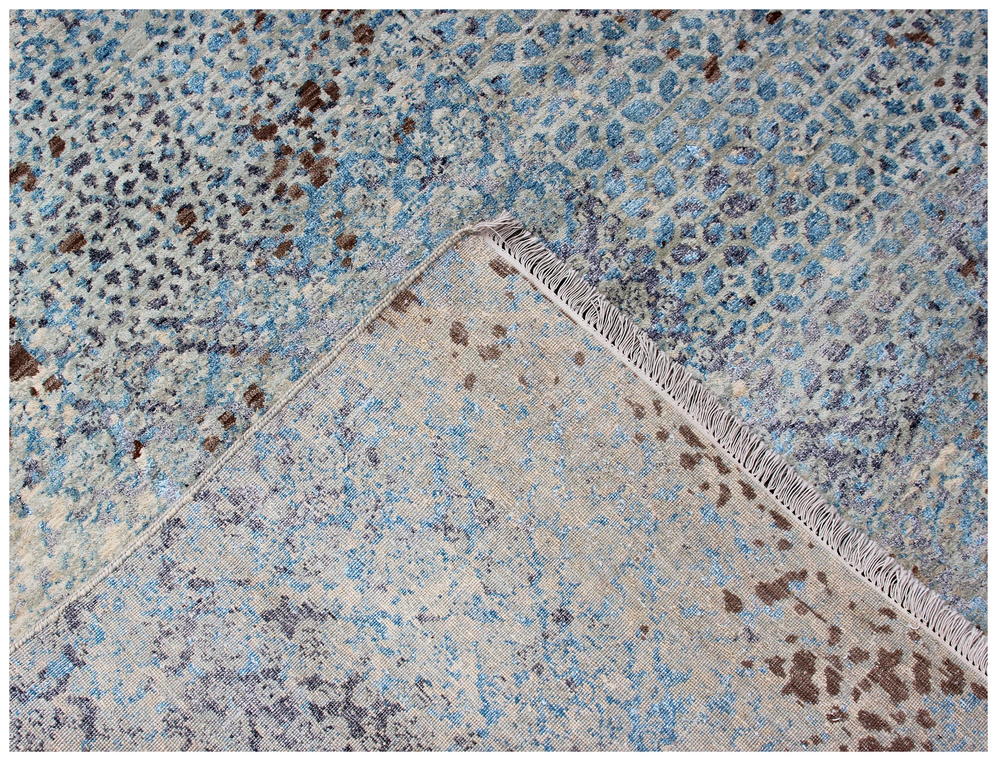 Beige Blue Brown Floral Modern Abstract Distressed Hand Knotted Wool Viscose 85 KPSI 8x10 Area Rug