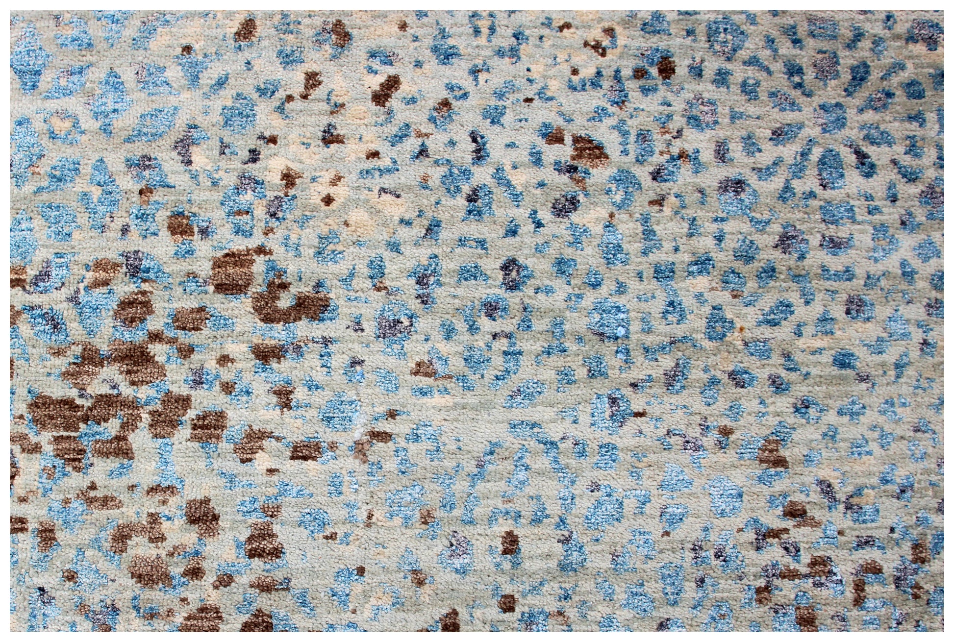 Beige Blue Brown Floral Modern Abstract Distressed Hand Knotted Wool Viscose 85 KPSI 8x10 Area Rug
