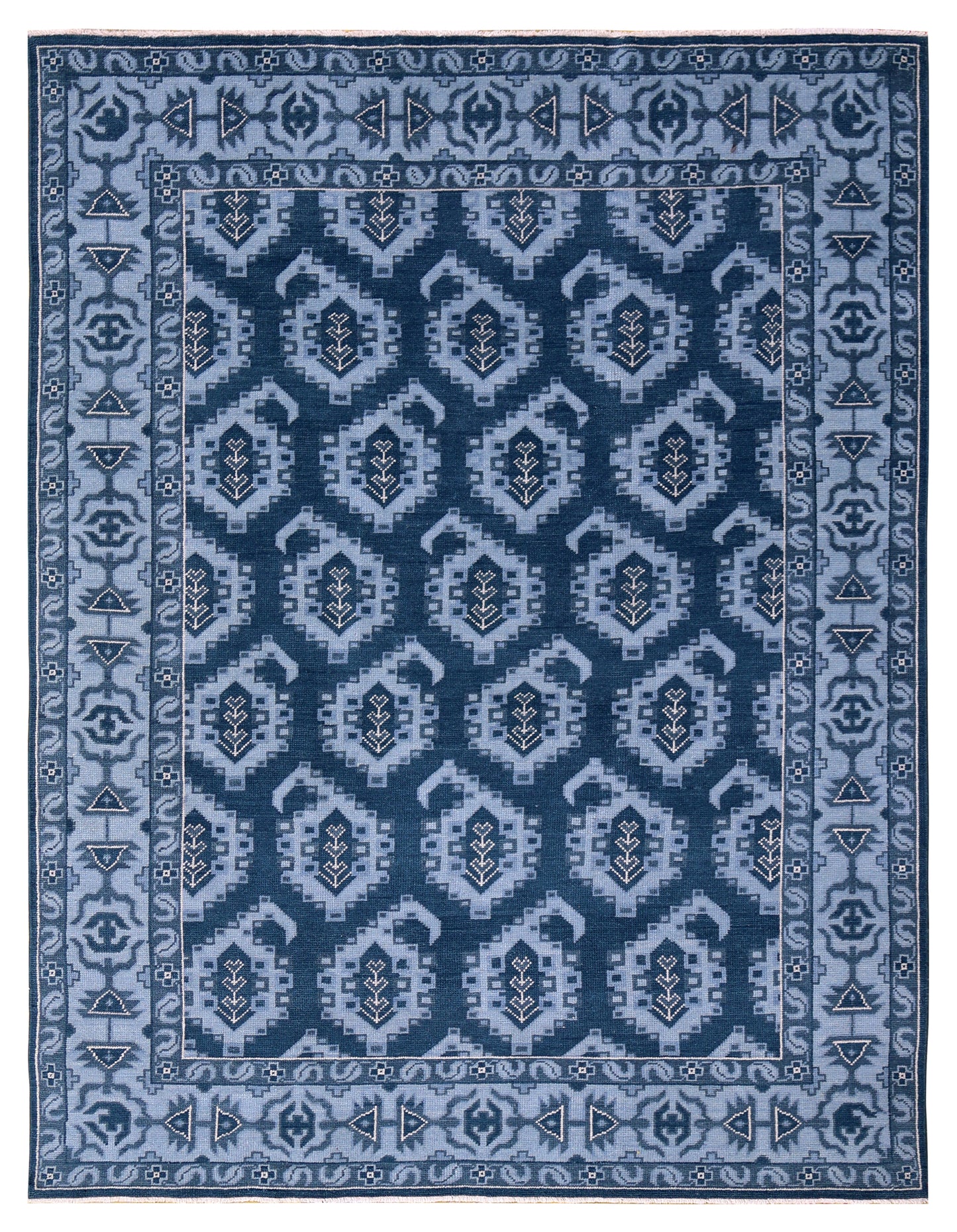 Navy Powder Blue Geometric Khotan Hexagonal Trellis Wool Hand Knotted Traditional 7x10 Area Rug