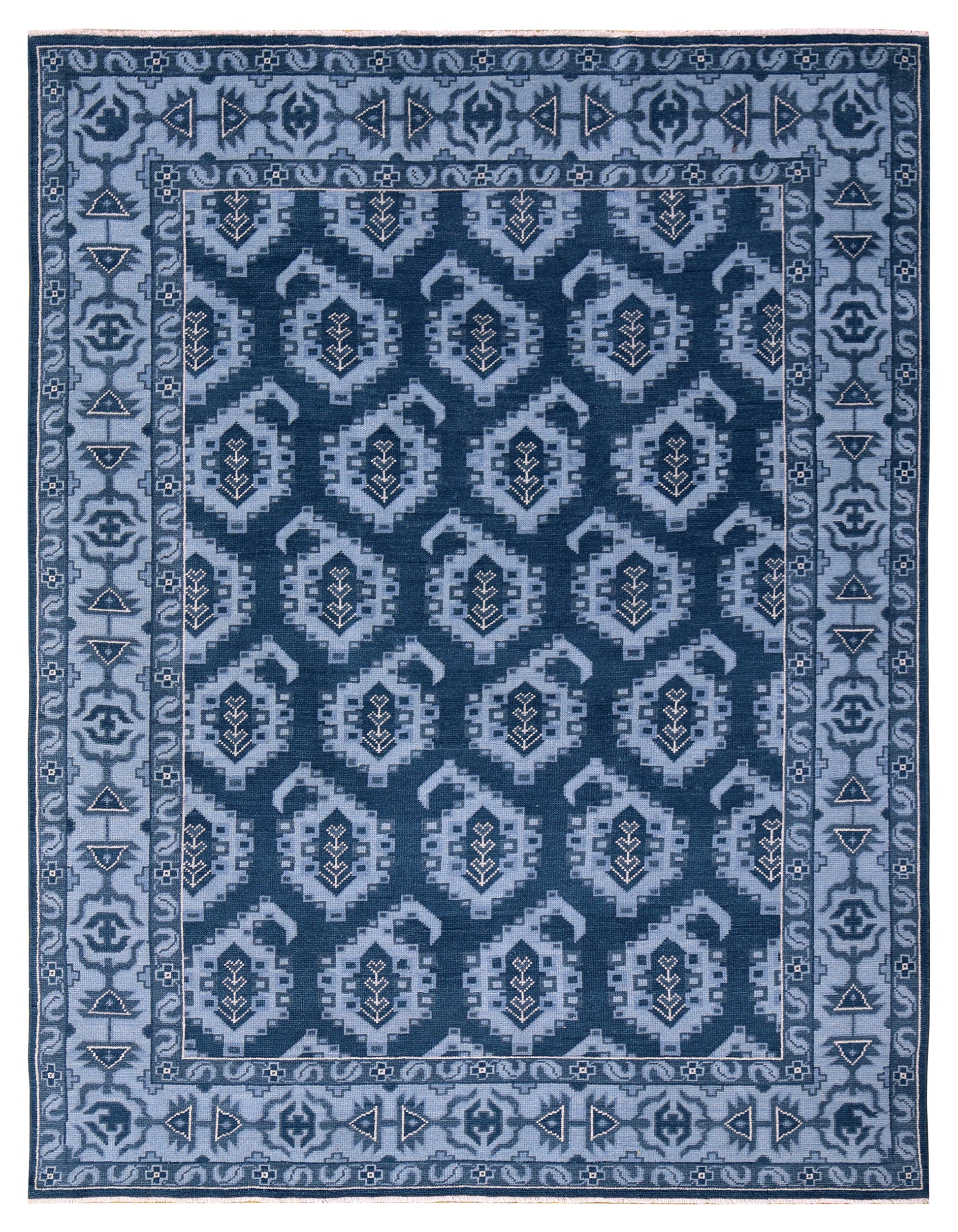 Navy Powder Blue Geometric Khotan Hexagonal Trellis Wool Hand Knotted Traditional 7x10 Area Rug