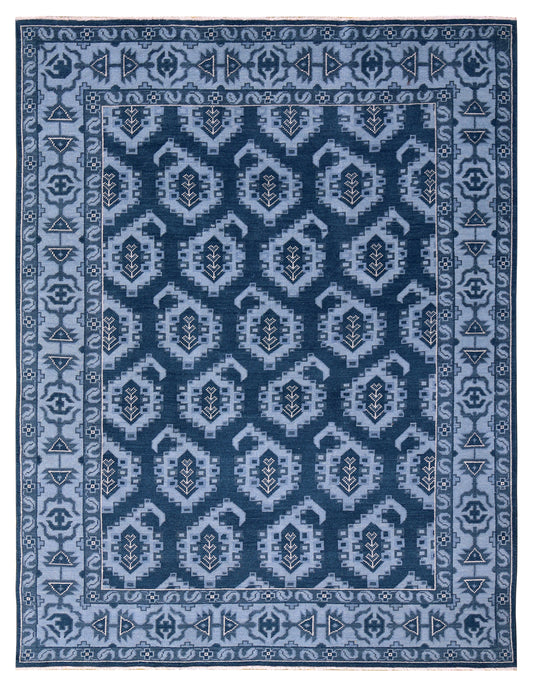 Navy Powder Blue Geometric Khotan Hexagonal Trellis Wool Hand Knotted Traditional 7x10 Area Rug