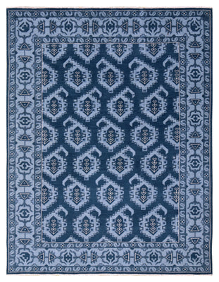 Navy Powder Blue Geometric Khotan Hexagonal Trellis Wool Hand Knotted Traditional 7x10 Area Rug