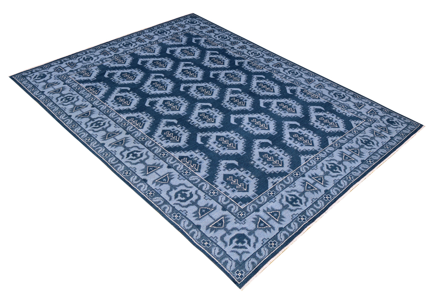 Navy Powder Blue Geometric Khotan Hexagonal Trellis Wool Hand Knotted Traditional 7x10 Area Rug